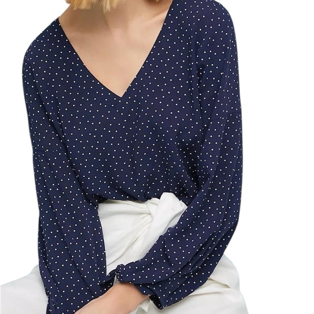 Anthropologie Maeve Pernille Classic Polka Dot Tie Sleeve Blouse Small Navy Blue